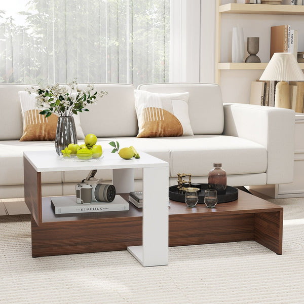 Two-tier geometric coffee table with storage shelves for living room and reception area - White and brown