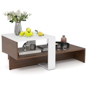 Two-tier geometric coffee table with storage shelves for living room and reception area - White and brown