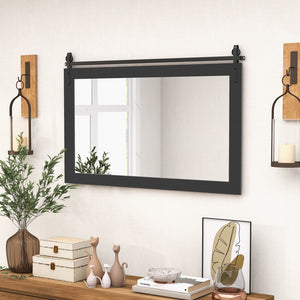 Miroir mural rectangulaire de 40 po x 26 po de style porte de grange avec cadre en bois massif et support en métal - Marron
