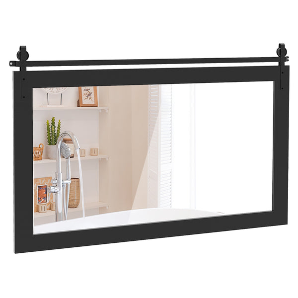 Miroir mural rectangulaire de 40 po x 26 po de style porte de grange avec cadre en bois massif et support en métal - Marron
