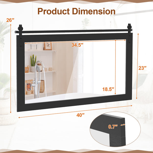 Miroir mural rectangulaire de 40 po x 26 po de style porte de grange avec cadre en bois massif et support en métal - Marron