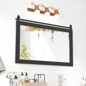 Miroir mural rectangulaire de 40 po x 26 po de style porte de grange avec cadre en bois massif et support en métal - Marron