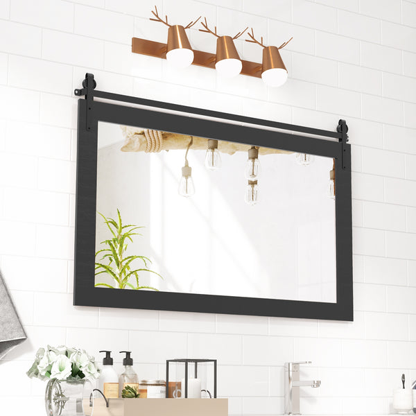 Miroir mural rectangulaire de 40 po x 26 po de style porte de grange avec cadre en bois massif et support en métal - Marron