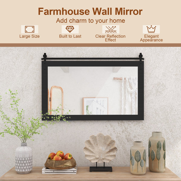 Miroir mural rectangulaire de 40 po x 26 po de style porte de grange avec cadre en bois massif et support en métal - Marron