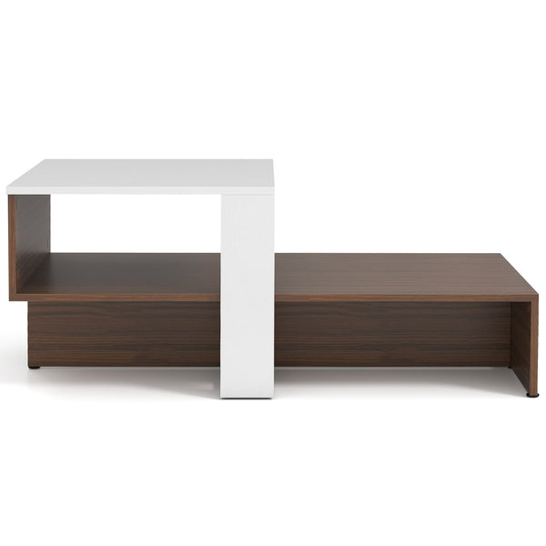 Two-tier geometric coffee table with storage shelves for living room and reception area - White and brown