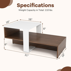 Two-tier geometric coffee table with storage shelves for living room and reception area - White and brown