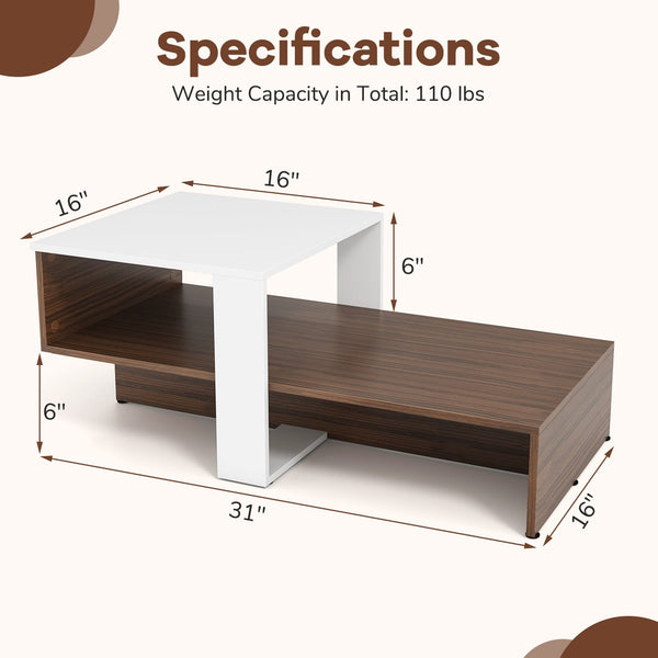 Two-tier geometric coffee table with storage shelves for living room and reception area - White and brown