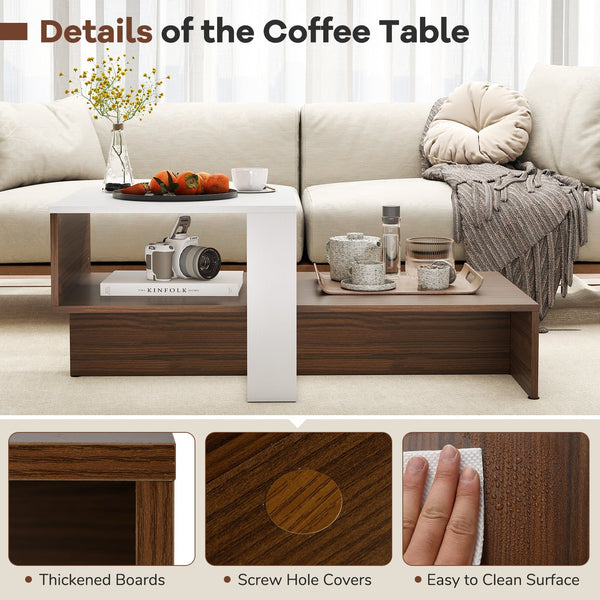 Two-tier geometric coffee table with storage shelves for living room and reception area - White and brown