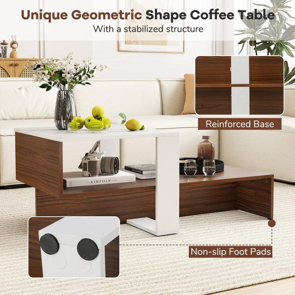 Two-tier geometric coffee table with storage shelves for living room and reception area - White and brown