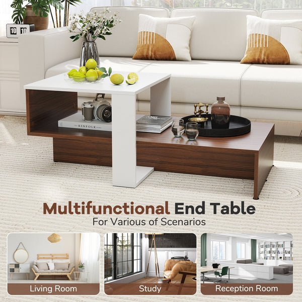 Two-tier geometric coffee table with storage shelves for living room and reception area - White and brown