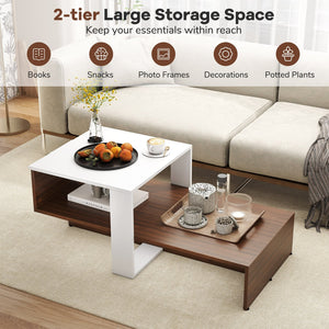 Two-tier geometric coffee table with storage shelves for living room and reception area - White and brown