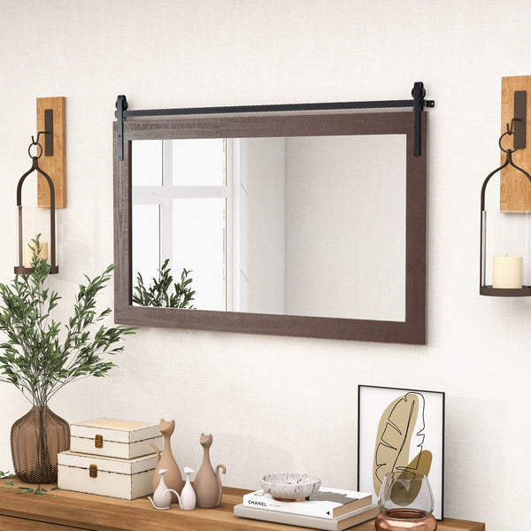 Miroir mural rectangulaire de 40 po x 26 po de style porte de grange avec cadre en bois massif et support en métal - Marron