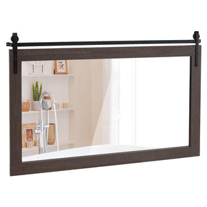 Miroir mural rectangulaire de 40 po x 26 po de style porte de grange avec cadre en bois massif et support en métal - Marron