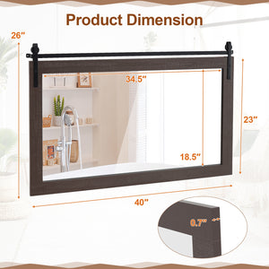 Miroir mural rectangulaire de 40 po x 26 po de style porte de grange avec cadre en bois massif et support en métal - Marron