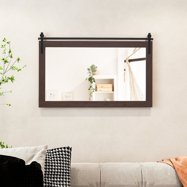 Miroir mural rectangulaire de 40 po x 26 po de style porte de grange avec cadre en bois massif et support en métal - Marron