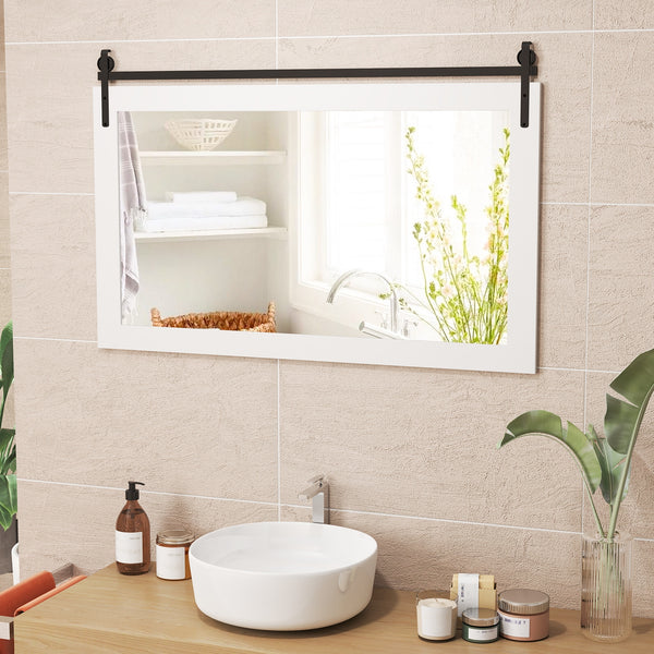 Miroir mural rectangulaire de 40 po x 26 po de style porte de grange avec cadre en bois massif et support en métal - Marron