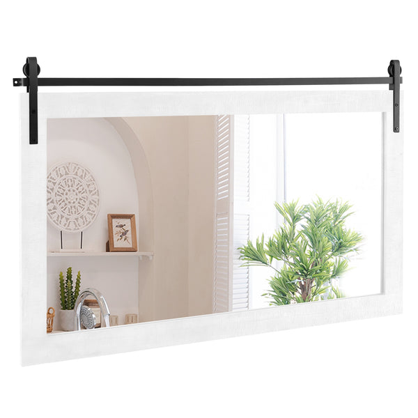 Miroir mural rectangulaire de 40 po x 26 po de style porte de grange avec cadre en bois massif et support en métal - Marron