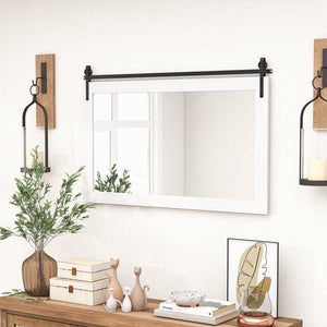 Miroir mural rectangulaire de 40 po x 26 po de style porte de grange avec cadre en bois massif et support en métal - Marron
