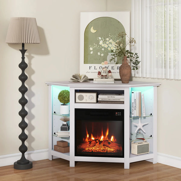 Corner TV stand with fireplace, LED lights, and smart app control for 50-inch TVs - Black
