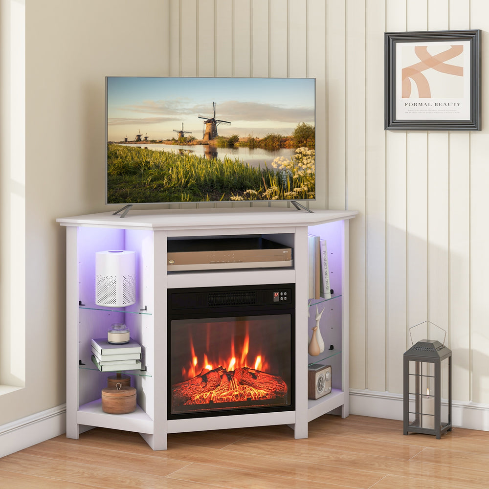 Corner TV unit with fireplace, LED lighting and smart control app for 50-inch TVs - White