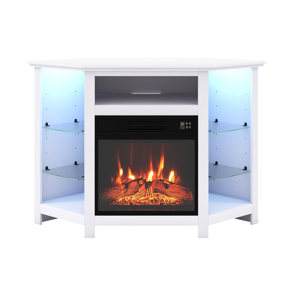 Corner TV unit with fireplace, LED lighting and smart control app for 50-inch TVs - White