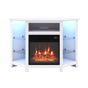 Corner TV unit with fireplace, LED lighting and smart control app for 50-inch TVs - White