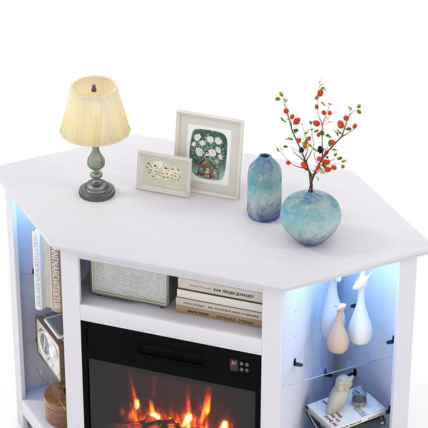 Corner TV unit with fireplace, LED lighting and smart control app for 50-inch TVs - White