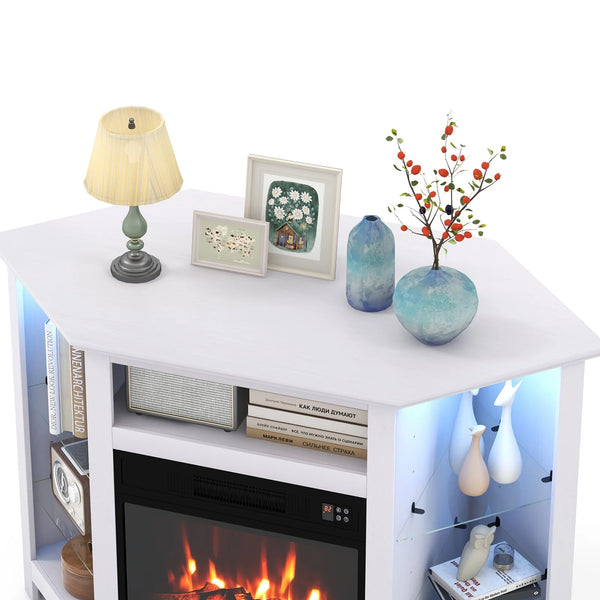 Corner TV stand with fireplace, LED lights, and smart app control for 50-inch TVs - Black