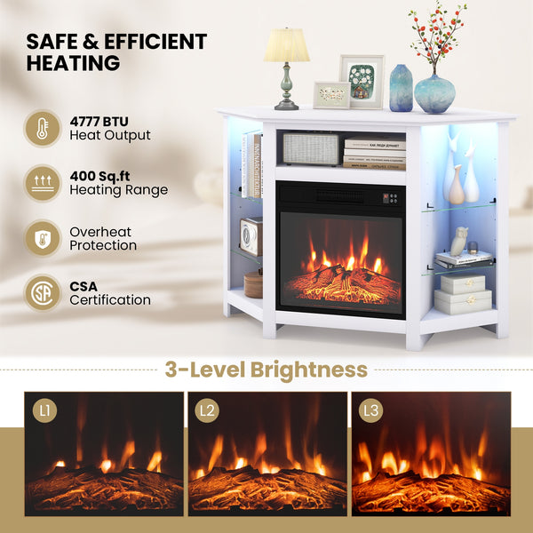 Corner TV unit with fireplace, LED lighting and smart control app for 50-inch TVs - White