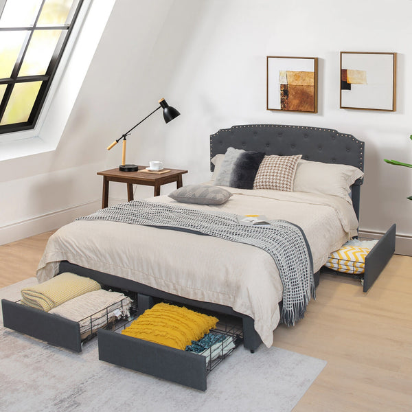 Queen Size platform bed frame with adjustable headboard and 4 storage drawers