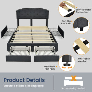 Queen Size platform bed frame with adjustable headboard and 4 storage drawers