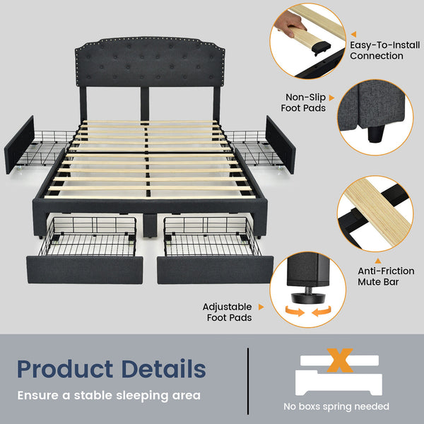 Queen Size platform bed frame with adjustable headboard and 4 storage drawers