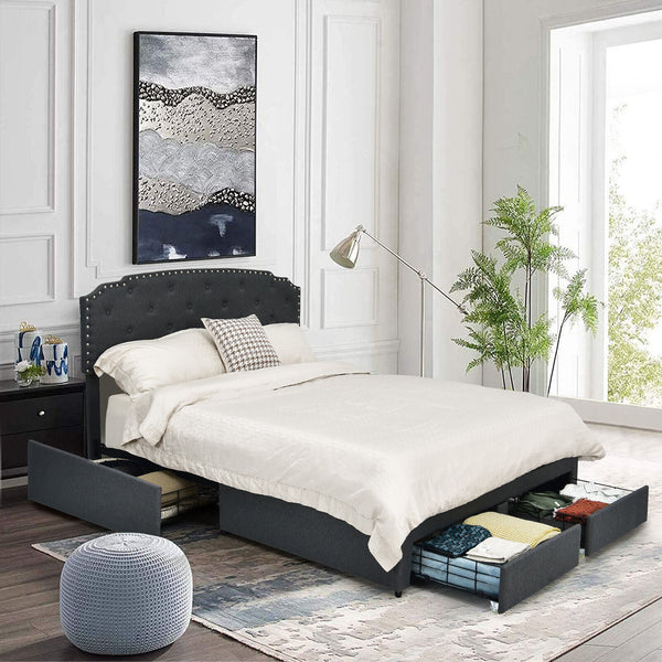 Queen Size platform bed frame with adjustable headboard and 4 storage drawers