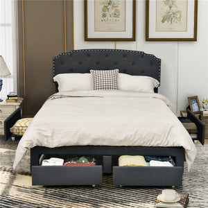 Queen Size platform bed frame with adjustable headboard and 4 storage drawers