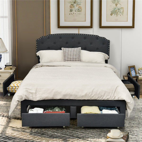 Queen Size platform bed frame with adjustable headboard and 4 storage drawers