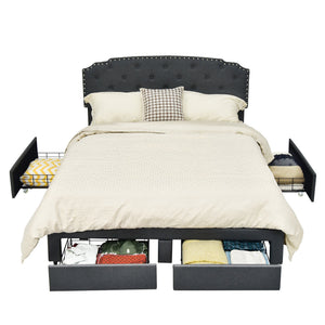 Queen Size platform bed frame with adjustable headboard and 4 storage drawers