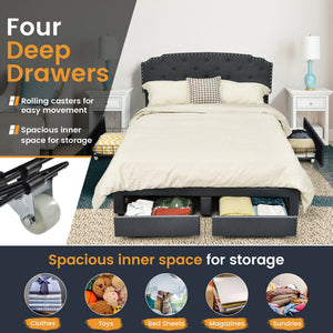 Queen Size platform bed frame with adjustable headboard and 4 storage drawers