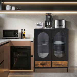 Industrial kitchen buffet with tempered glass doors - Black