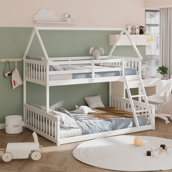Single bunk bed over a double bed with ladder and guardrail - White