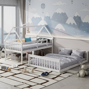 Single bunk bed over a double bed with ladder and guardrail - White