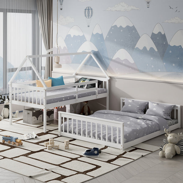 Single bunk bed over a double bed with ladder and guardrail - White