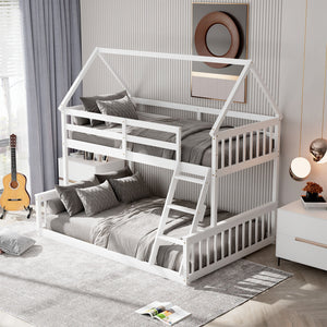 Single bunk bed over a double bed with ladder and guardrail - White