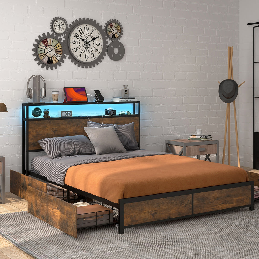 Double bed frame with smart LED lights and storage drawers - Full Size