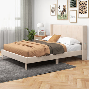 Queen-size upholstered bed frame with geometric wingback headboard - Queen size
