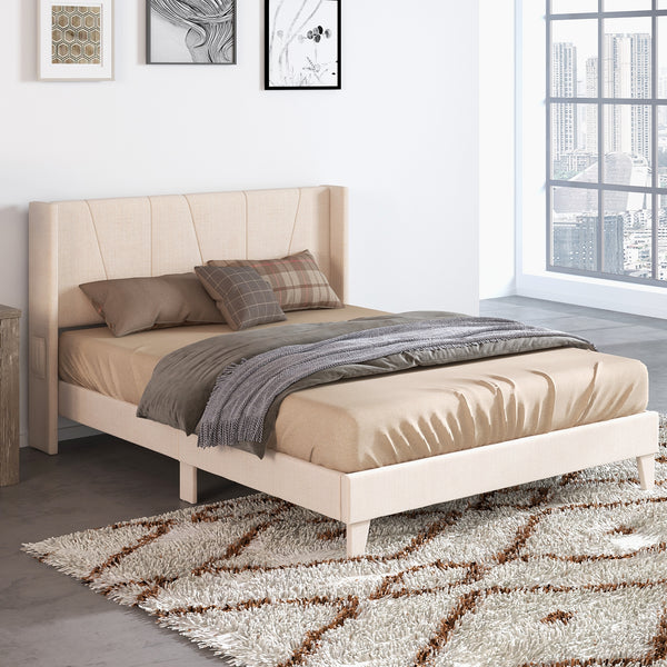 Queen-size upholstered bed frame with geometric wingback headboard - Queen size