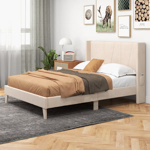 Queen-size upholstered bed frame with geometric wingback headboard - Queen size