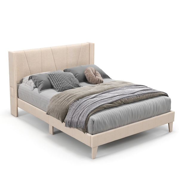 Queen-size upholstered bed frame with geometric wingback headboard - Queen size