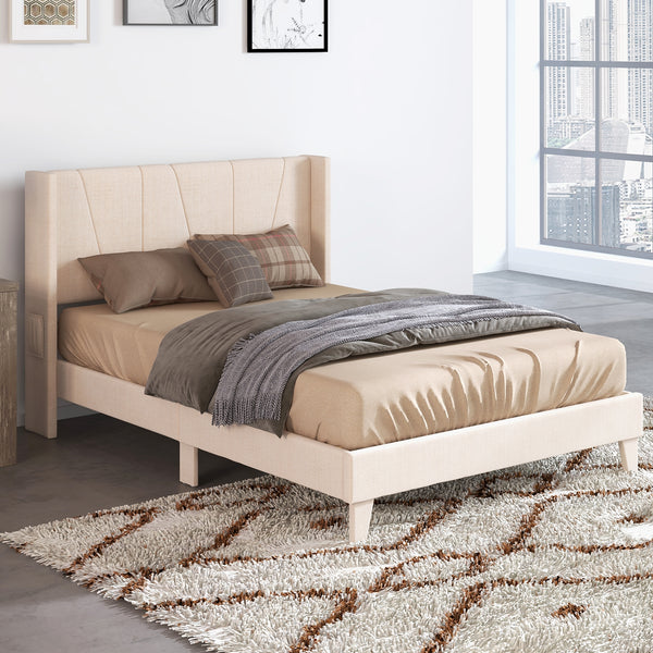 Queen-size upholstered bed frame with geometric wingback headboard - Queen size