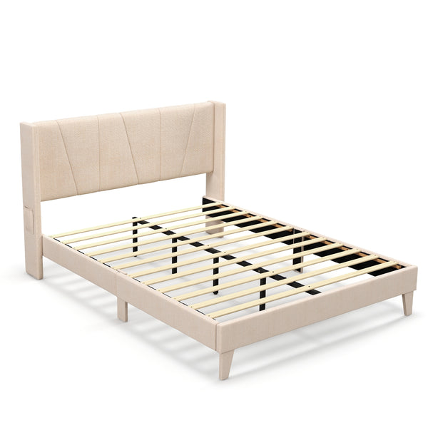 Queen-size upholstered bed frame with geometric wingback headboard - Queen size