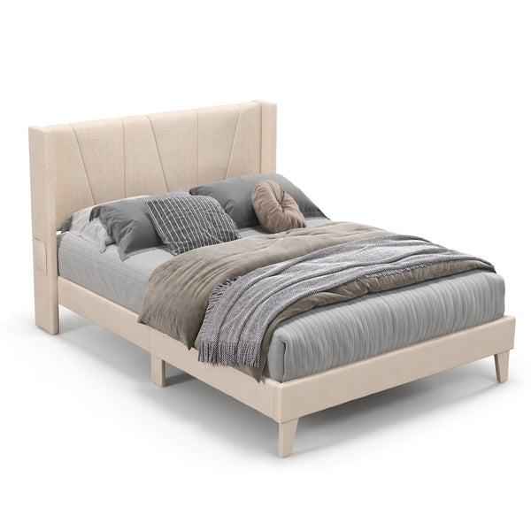 Queen-size upholstered bed frame with geometric wingback headboard - Queen size